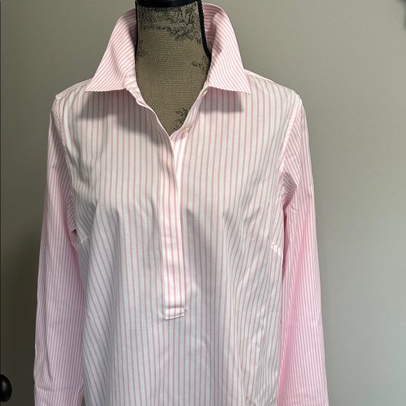 Talbots Pink/White Striped Non-Iron Pull-Over Cotton Blend LS Tunic Shirt, Sz 12 - Picture 1 of 11